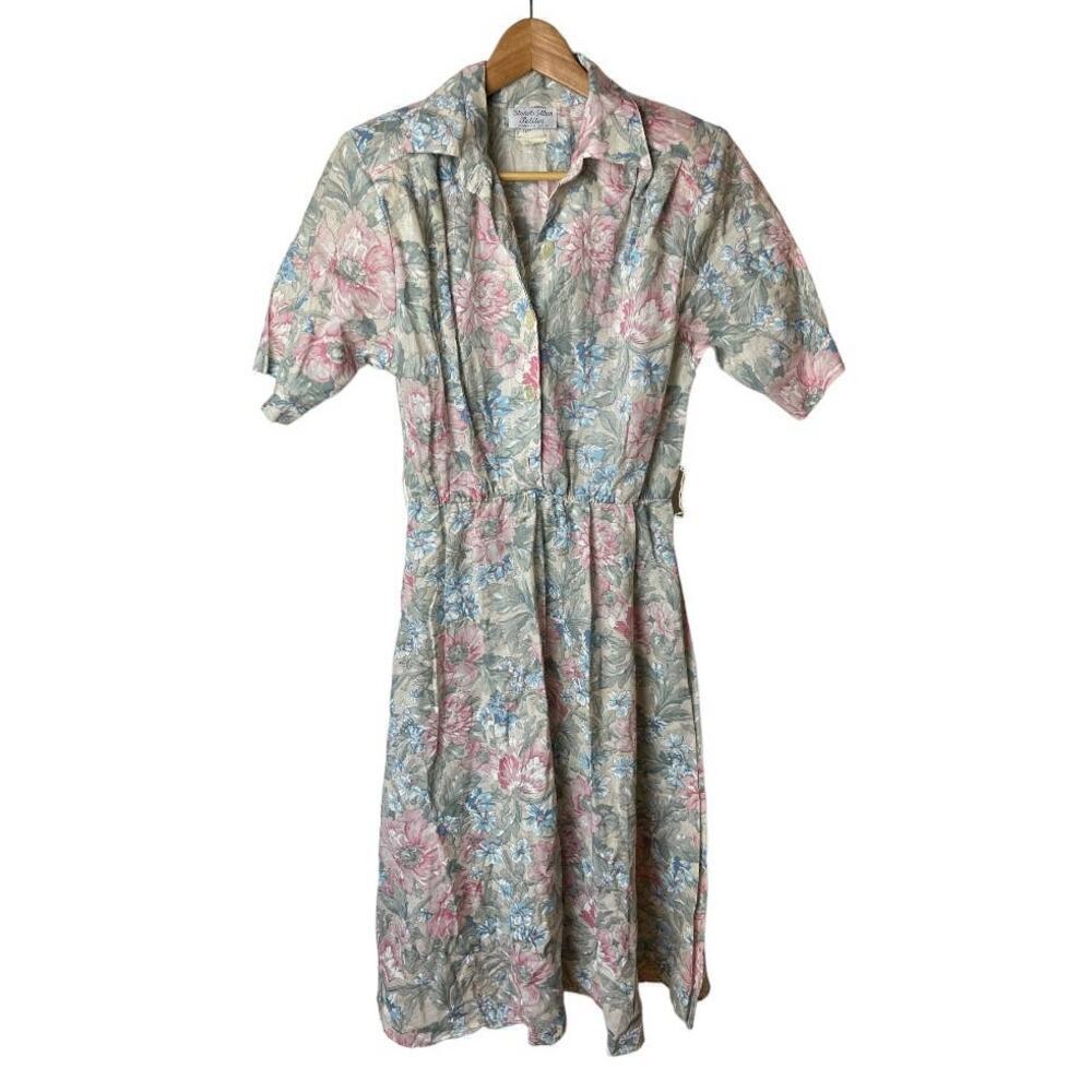 Vtg 1980's Stuart Alan Cream Pink Floral Short Sleeve Dress Women's Size 6P